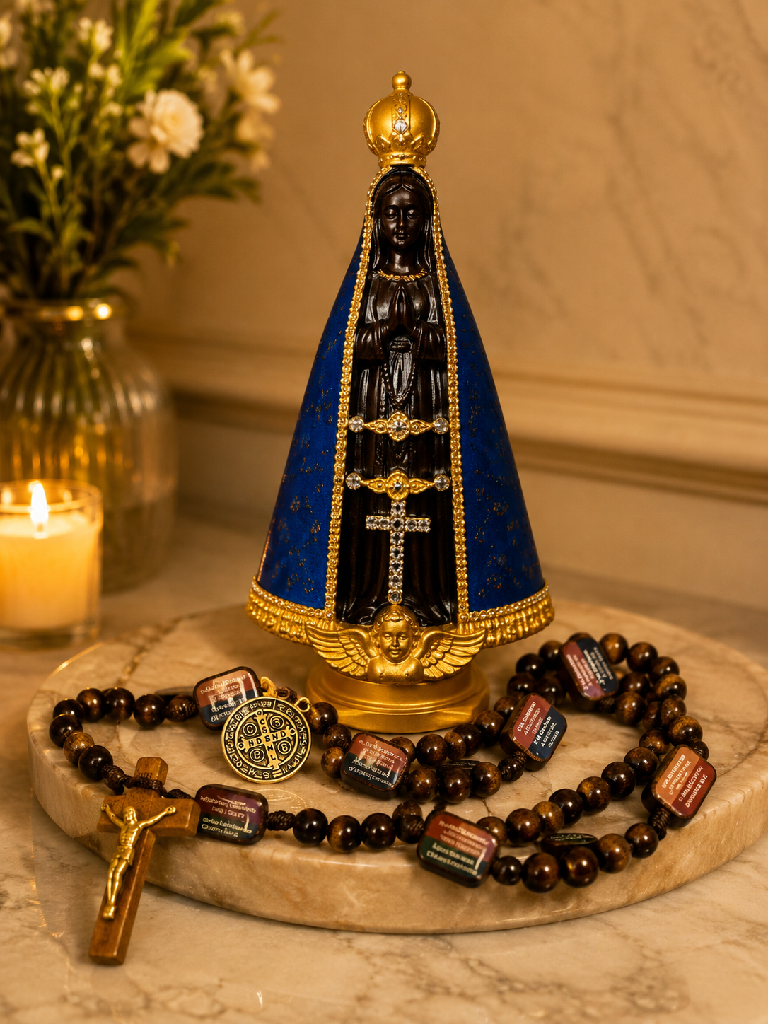 Kit com imagem de Nossa Senhora Aparecida e o terço dos mistérios sobre mármore